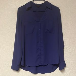 Express Long Sleeve Button up Blouse with Double Pockets , Navy Blue (Medium)